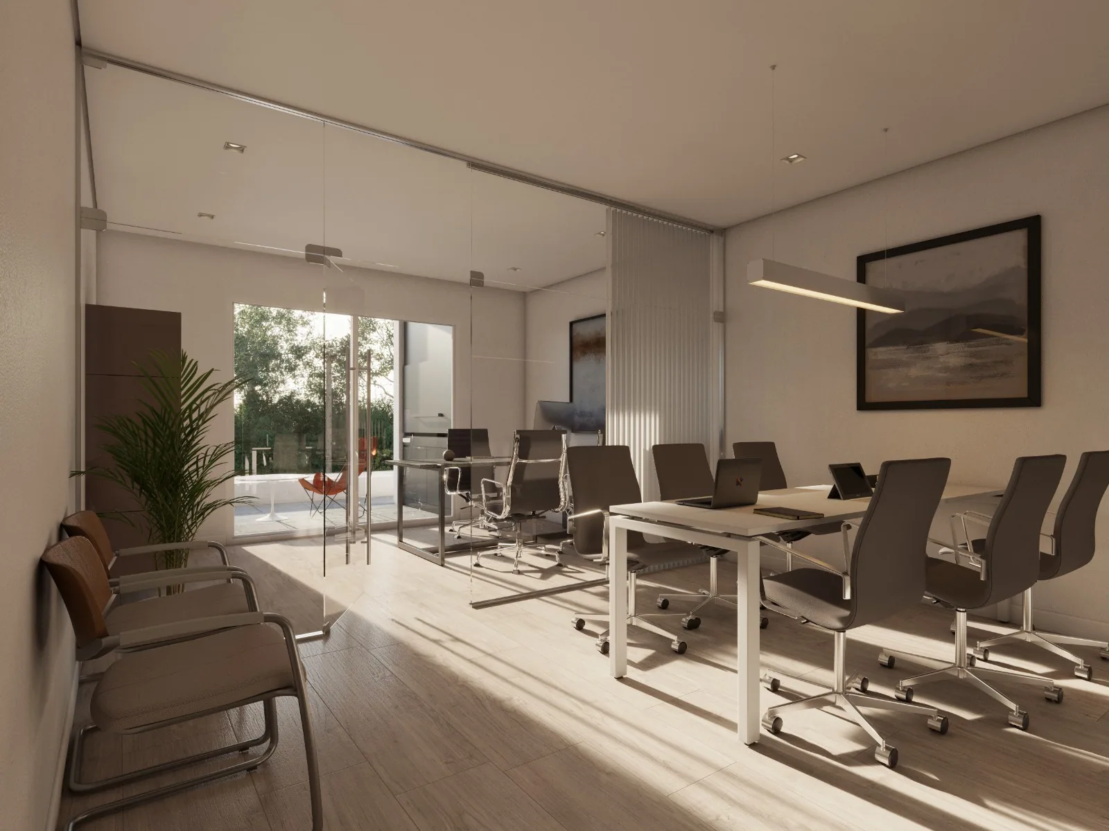 Interior de un local comercial premium de Portal Haras con sala de reuniones, diseño moderno y amplios ventanales